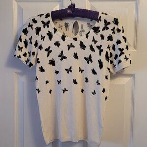 Short-Sleeved Sweater White with Black Butterflies Medium